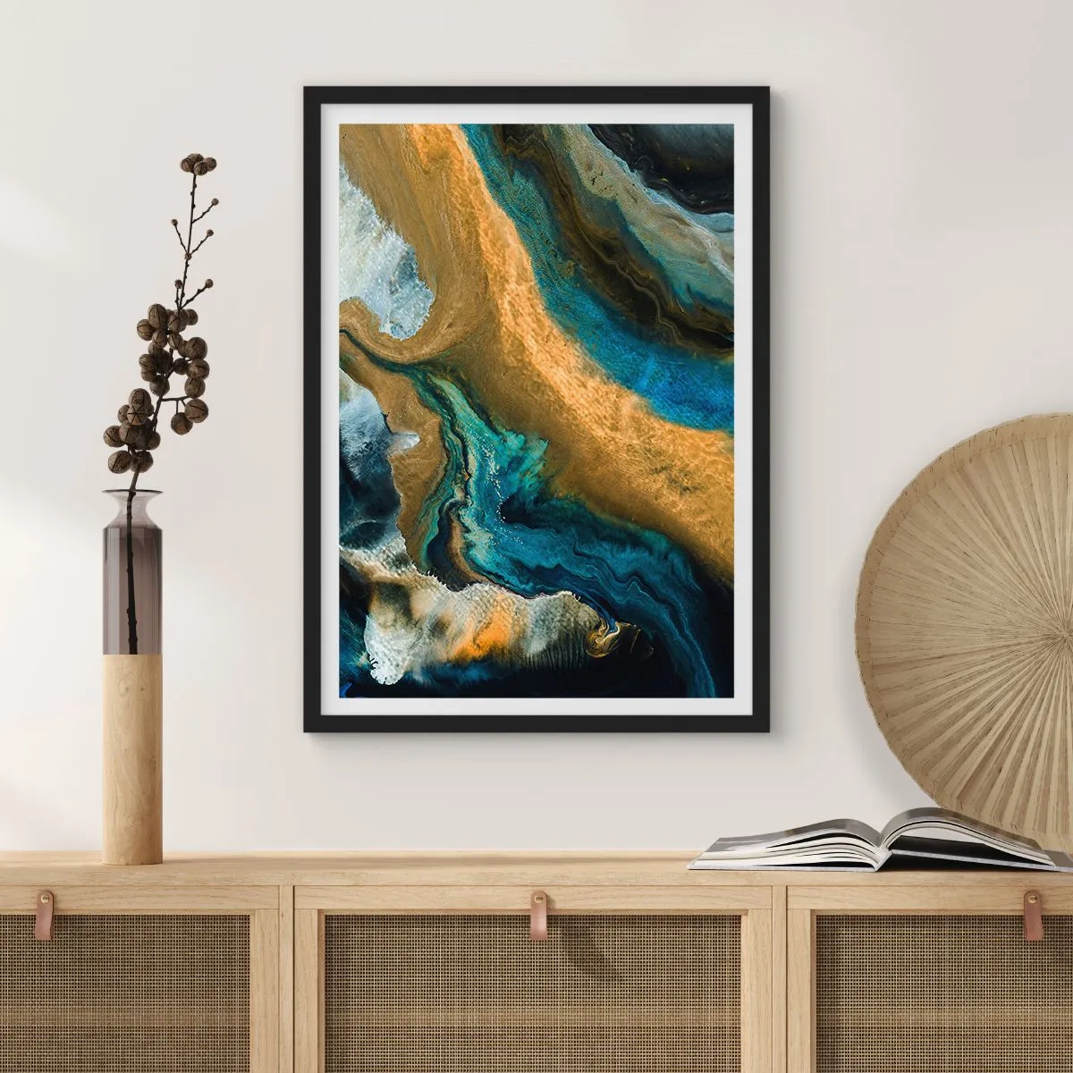 Póster en marco negro - Azul - amarillo - influencia mutua - 61x91 cm