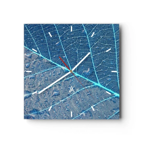 Reloj de pared - Reloj de vidrio - Una hoja en tonos azules con gotas de agua. - 30x30cm - Vida en el azul - Decoración de pared moderna para salón y dormitorio ARTTOR
