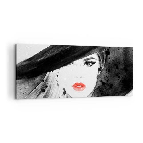Cuadro sobre lienzo - Impresión de Imagen - Retrato de una mujer con sombrero y labios rojos. - 120x50cm - Dama de negro - Decoración de pared moderna para salón y dormitorio ARTTOR
