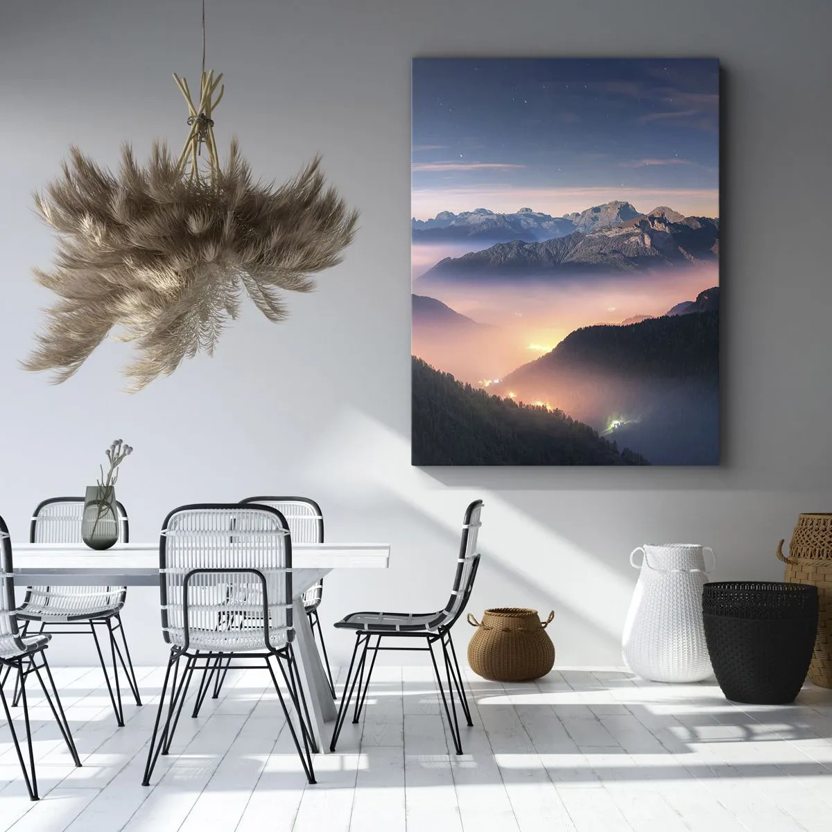 Cuadro sobre lienzo - Impresión de Imagen - Un paisaje de montaña con un valle lleno de niebla. - 50x70cm - Luz en los valles - Decoración de pared moderna para salón y dormitorio ARTTOR
