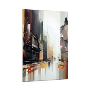 Cuadro sobre vidrio - Impresiones sobre Vidrio - Una calle bajo la lluvia con edificios altos en colores cálidos. - 50x70cm - Día lluvioso - Decoración de pared moderna para salón y dormitorio ARTTOR