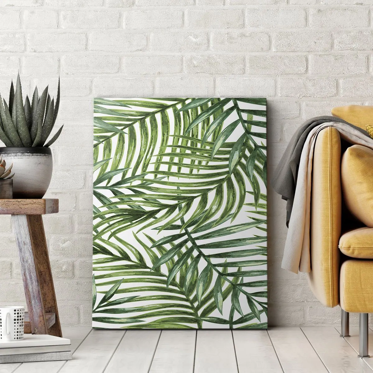 Cuadro sobre lienzo - Impresión de Imagen - Hojas de palmera tropical verde sobre un fondo claro - 80x120cm - Bajo el verde - Decoración de pared moderna para salón y dormitorio ARTTOR