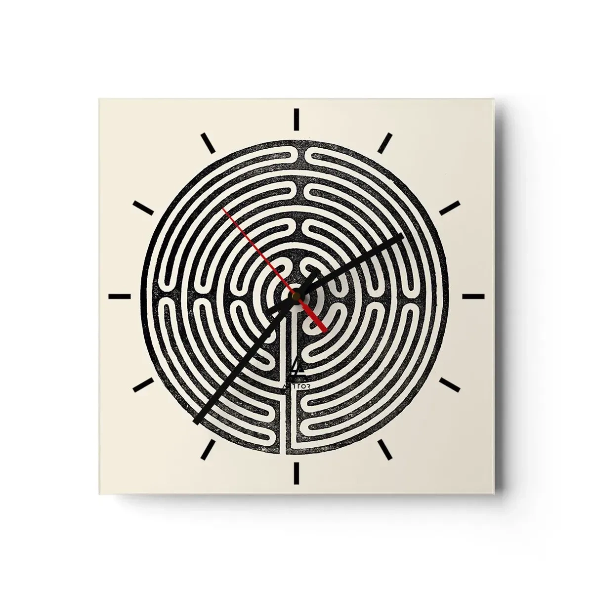 Reloj de pared - Reloj de vidrio - Laberinto circular en blanco y negro sobre un fondo claro - 30x30cm - Orden misterioso - Decoración de pared moderna para salón y dormitorio ARTTOR