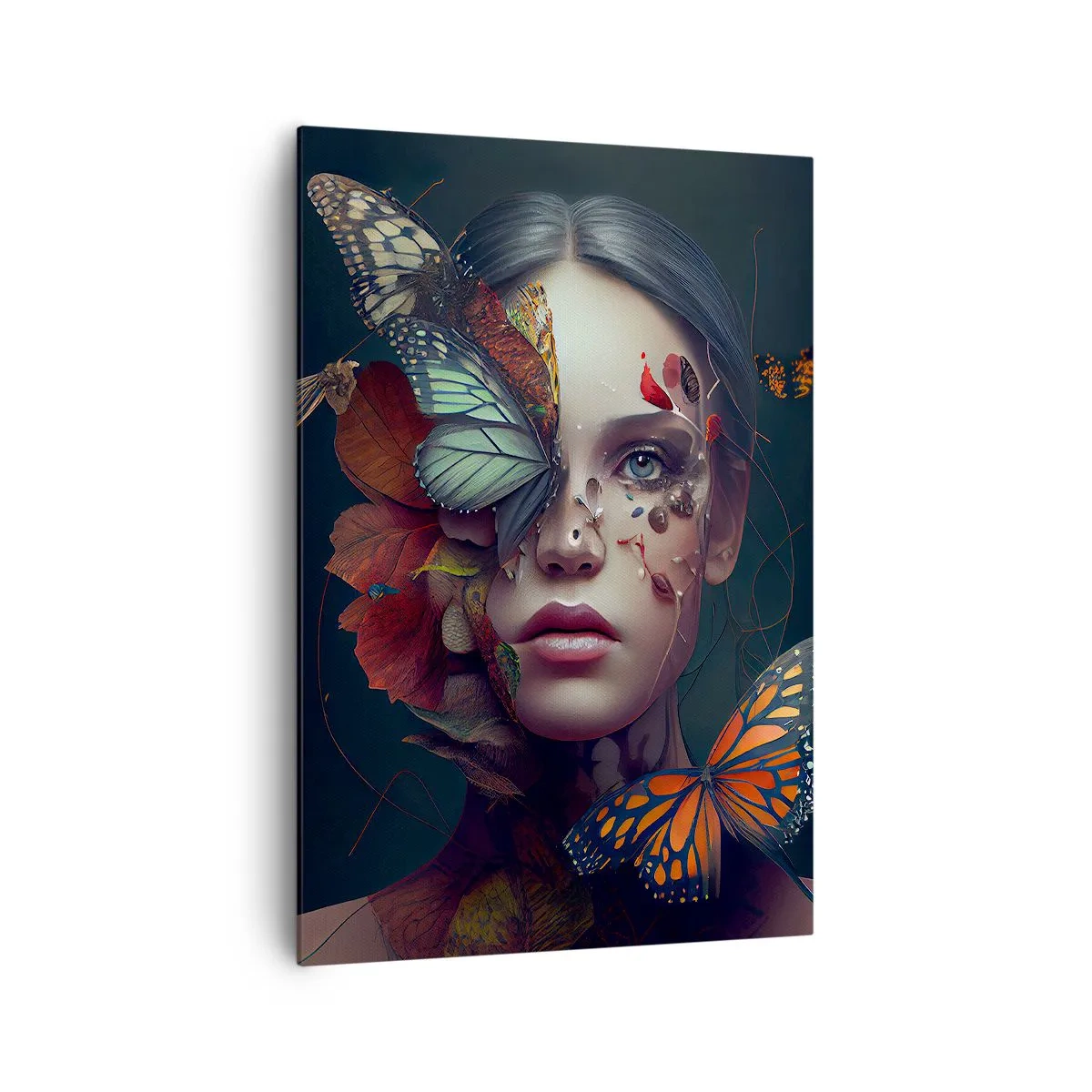 Cuadro sobre lienzo - Impresión de Imagen - Retrato de una mujer con mariposas y elementos vegetales. - 70x100cm - Una metamorfosis maravillosa - Decoración de pared moderna para salón y dormitorio ARTTOR