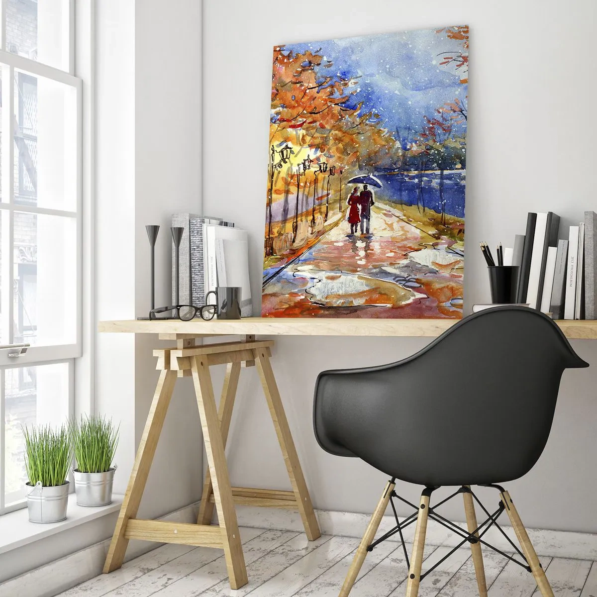 Cuadro sobre vidrio - Impresiones sobre Vidrio - Un paseo otoñal por el parque a orillas del río bajo una sombrilla. - 80x120cm - Juntos hasta el límite del tiempo - Decoración de pared moderna para salón y dormitorio ARTTOR