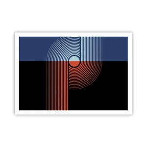 Póster - Abstracción geométrica con líneas en azul marino y naranja. - 100x70cm - En un abrazo geométrico - Decoración de pared moderna para salón y dormitorio ARTTOR