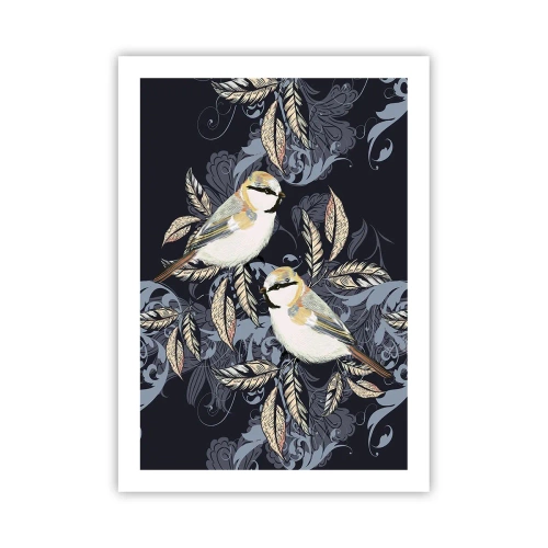 Póster - Dos pájaros sobre un fondo de hojas decorativas y adornos. - 50x70cm - En la copa del árbol - Decoración de pared moderna para salón y dormitorio ARTTOR