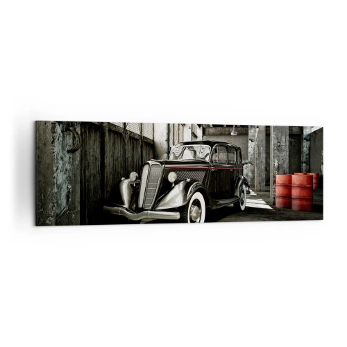 Cuadro sobre lienzo - Impresión de Imagen - Un elegante coche retro en un almacén rústico - 160x50cm - La elegancia perdurable de los años 30. - Decoración de pared moderna para salón y dormitorio ARTTOR