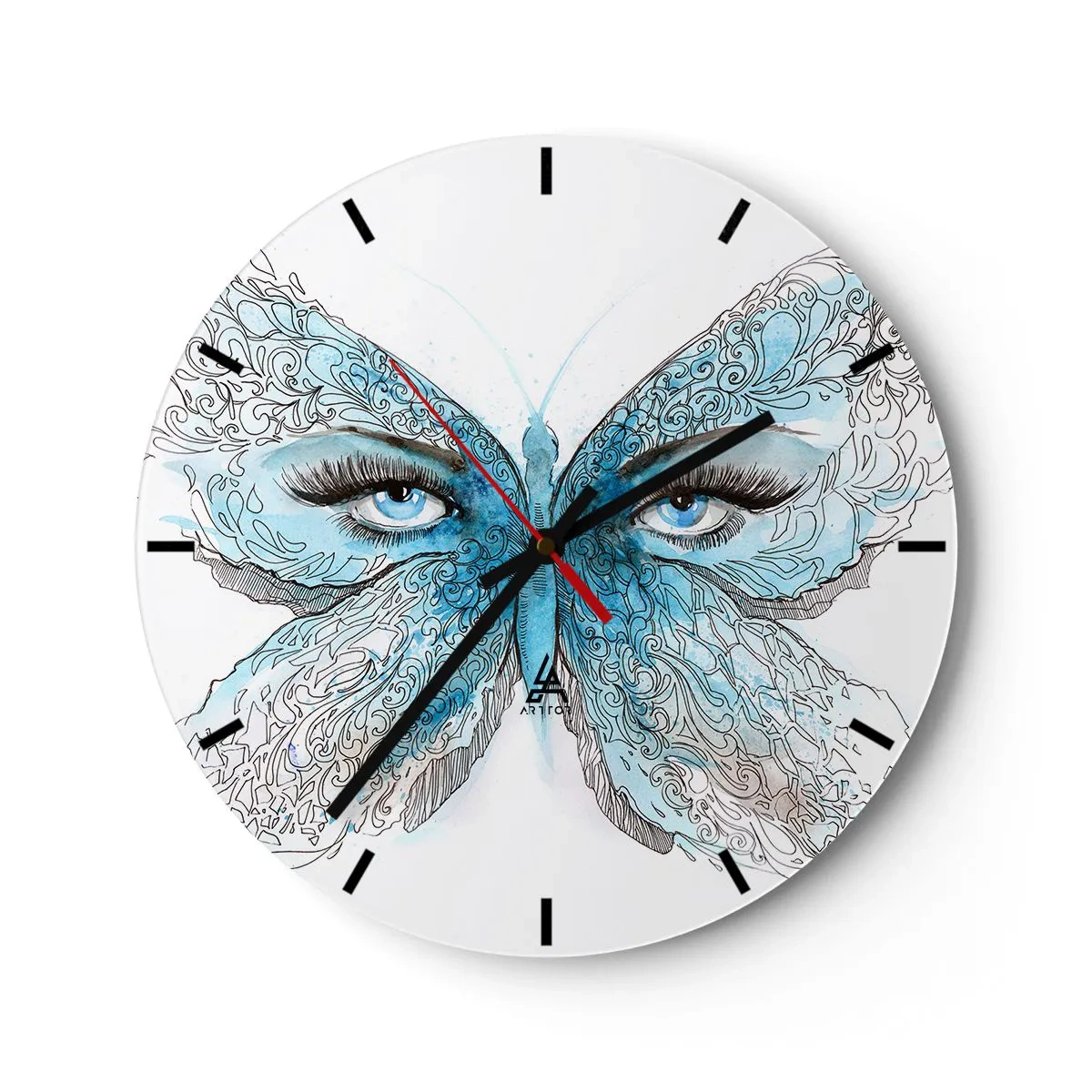 Reloj de pared - Reloj de vidrio - Mariposa azul con detalle de ojo y delicado patrón artístico. - 30x30cm - Mirada de mariposa - Decoración de pared moderna para salón, cocina y dormitorio ARTTOR
