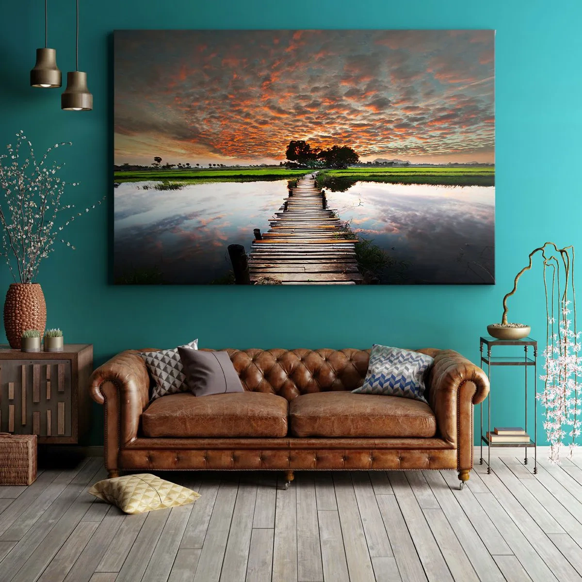 Cuadro sobre lienzo - Impresión de Imagen - Puente de madera sobre el agua al atardecer - 120x80cm - Extiende tus brazos - respira  - Decoración de pared moderna para salón y dormitorio ARTTOR