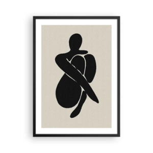 Póster en marco negro - Figura abstracta en pose con los brazos alrededor del cuerpo, ilustración en blanco y negro - 50x70cm - En mi propio abrazo - Decoración de pared moderna para salón y dormitorio ARTTOR