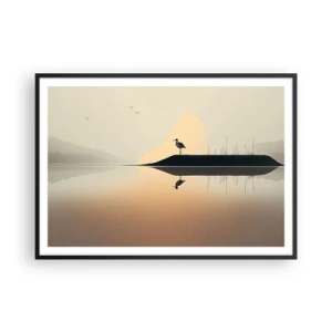 Póster en marco negro - Un pájaro en una isla en un lago tranquilo con tonos cálidos. - 100x70cm - Un caballero en el lago - Decoración de pared moderna para salón y dormitorio ARTTOR