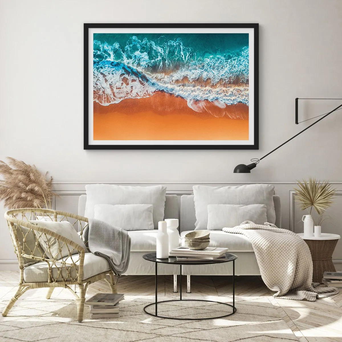 Póster en marco negro - Vista aérea de las olas del océano rompiendo en la orilla - 70x50cm - Siempre a la par - Decoración de pared moderna para salón y dormitorio ARTTOR