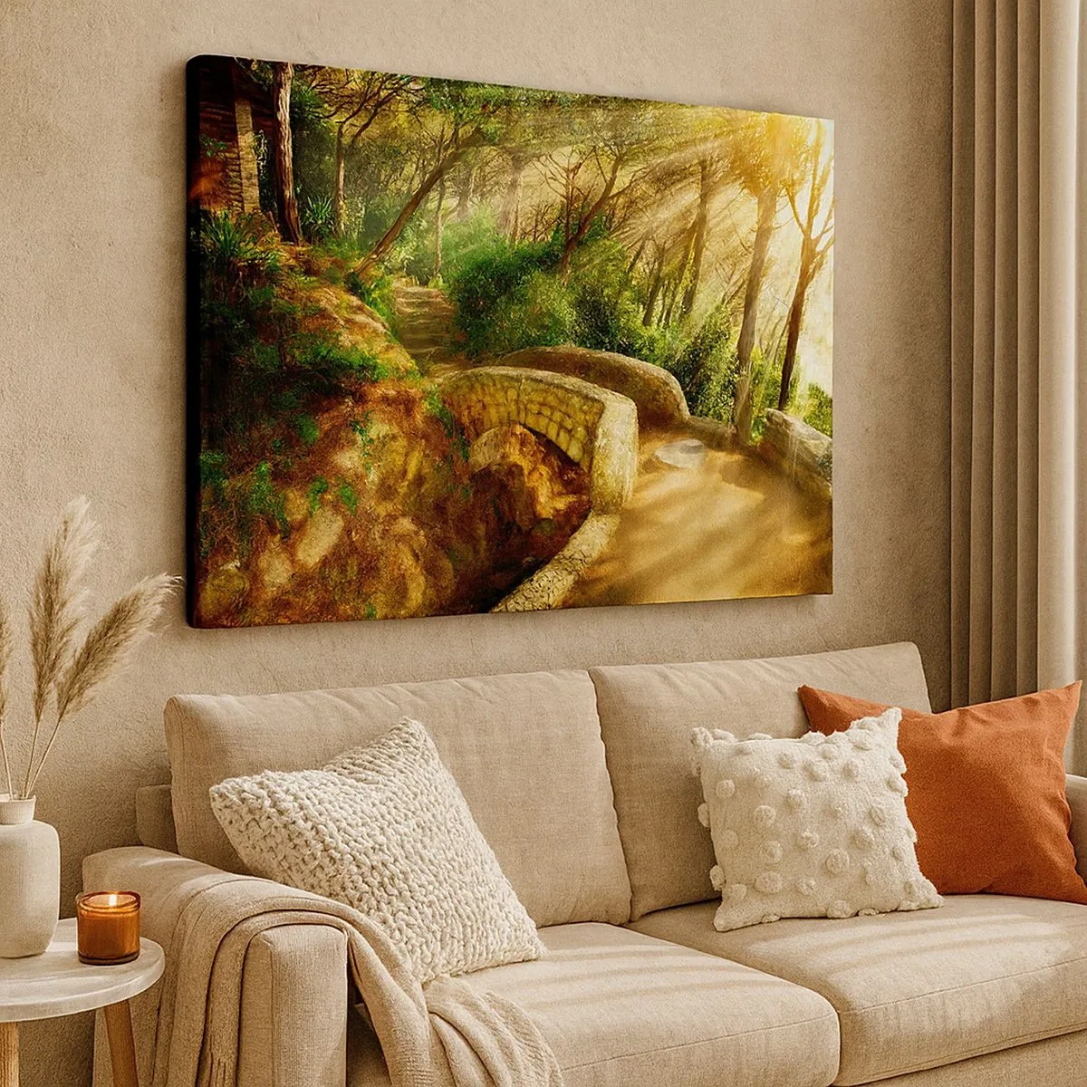 Cuadro sobre lienzo - Impresión de Imagen - Paisaje forestal con rayos de sol y un puente de piedra. - 70x50cm - Directamente desde el puente hacia el bosque de las hadas - Decoración de pared moderna para salón y dormitorio ARTTOR