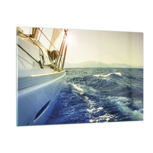 Cuadro sobre vidrio - Impresiones sobre Vidrio - Un velero en un mar tranquilo a la luz del sol poniente. - 120x80cm - Para una aventura - Decoración de pared moderna para salón y dormitorio ARTTOR