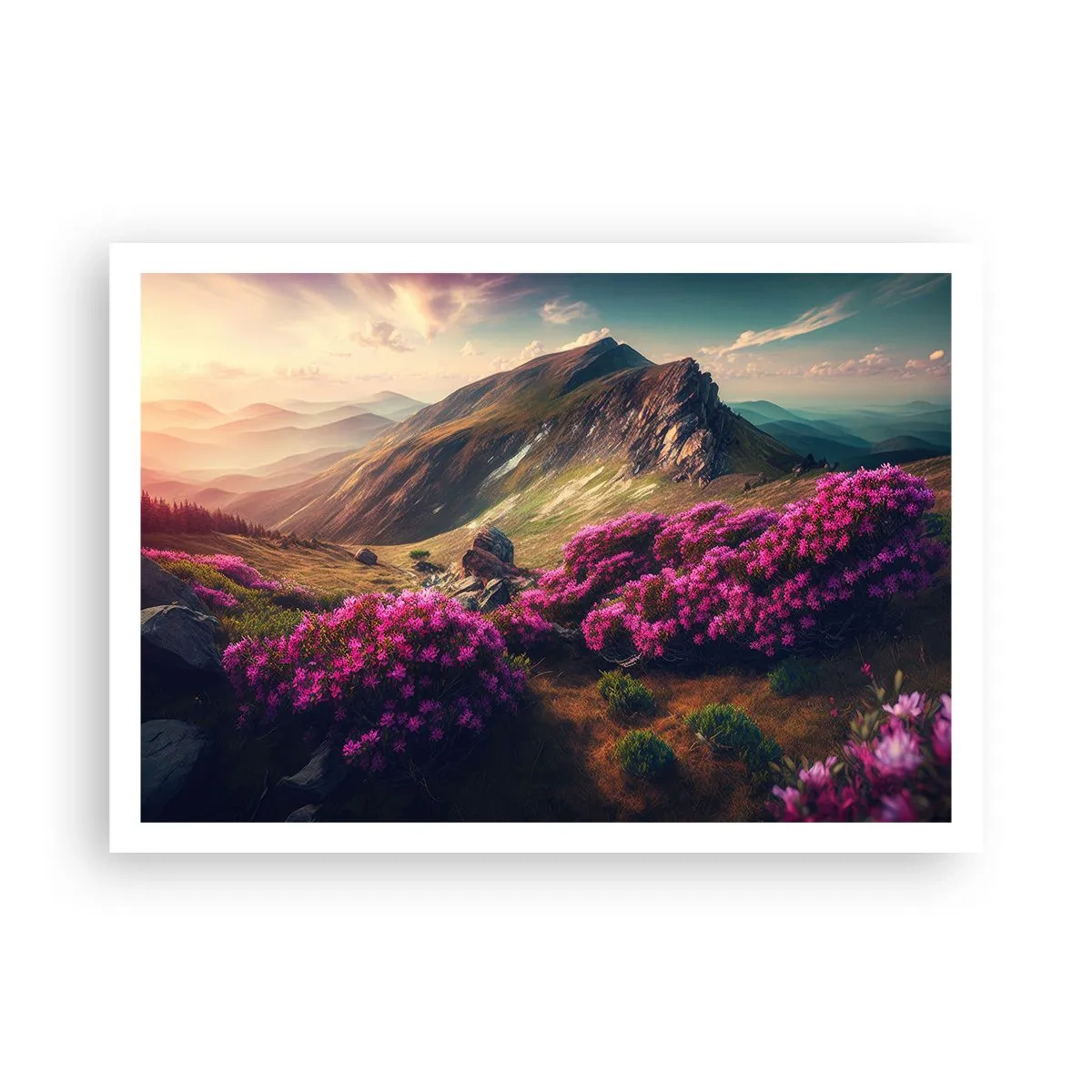 Póster - Paisaje de montaña con rododendros en flor - 100x70cm - Verano en las montañas - Decoración de pared moderna para salón y dormitorio ARTTOR