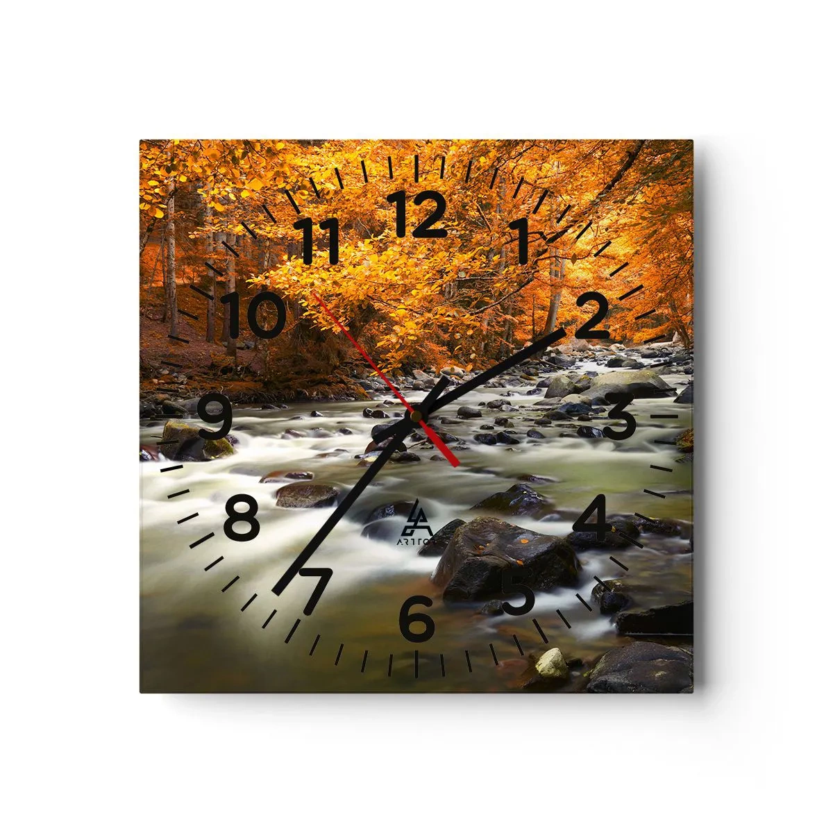 Reloj de pared - Reloj de vidrio - Un arroyo en un bosque dorado - 40x40 cm
