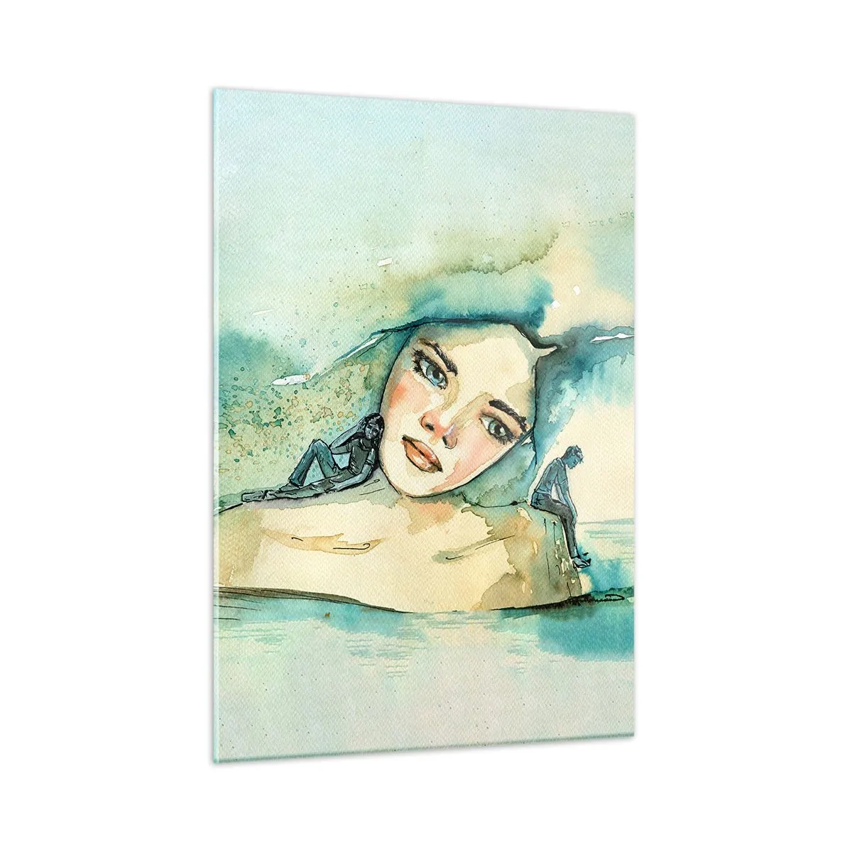 Cuadro sobre vidrio - Impresiones sobre Vidrio - Retrato de una mujer en estilo acuarela con siluetas de figuras. - 50x70cm - ¿Soy azul? - Decoración de pared moderna para salón y dormitorio ARTTOR