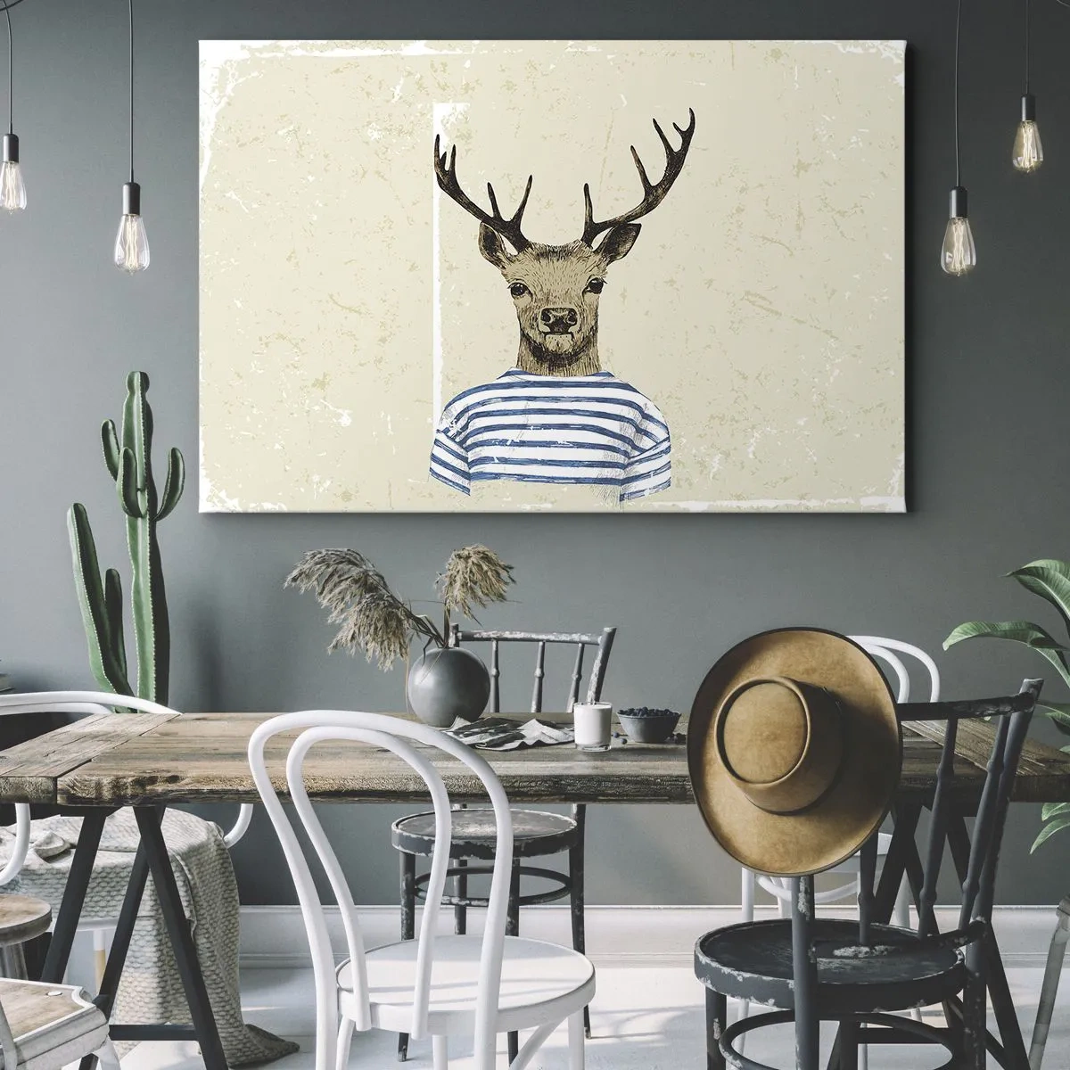 Cuadro sobre lienzo - Impresión de Imagen - Un ciervo con una camisa de rayas sobre un fondo claro con una textura delicada. - 70x50cm - Porque me gustan las camisas de rayas - Decoración de pared moderna para salón y dormitorio ARTTOR