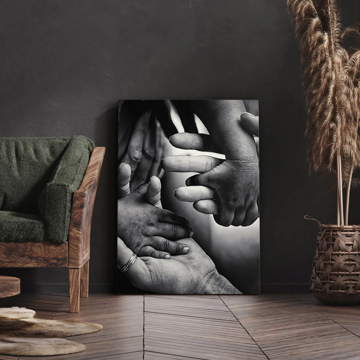 Cuadro sobre lienzo - Impresión de Imagen - Manos en blanco y negro de diferentes generaciones. - 50x70cm - Ser humano - Decoración de pared moderna para salón y dormitorio ARTTOR