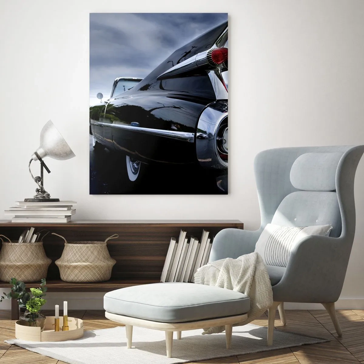 Cuadro sobre vidrio - Impresiones sobre Vidrio - Luces traseras elegantes de coche clásico en pintura negra brillante - 50x70cm - ¡Por eso es hermoso! - Decoración de pared moderna para salón y dormitorio ARTTOR