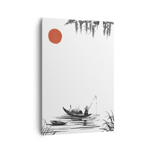 Cuadro sobre lienzo - Impresión de Imagen - Paisaje oriental con un pescador en un barco y un sol rojo. - 70x100cm - Una tarde asiática - Decoración de pared moderna para salón y dormitorio ARTTOR