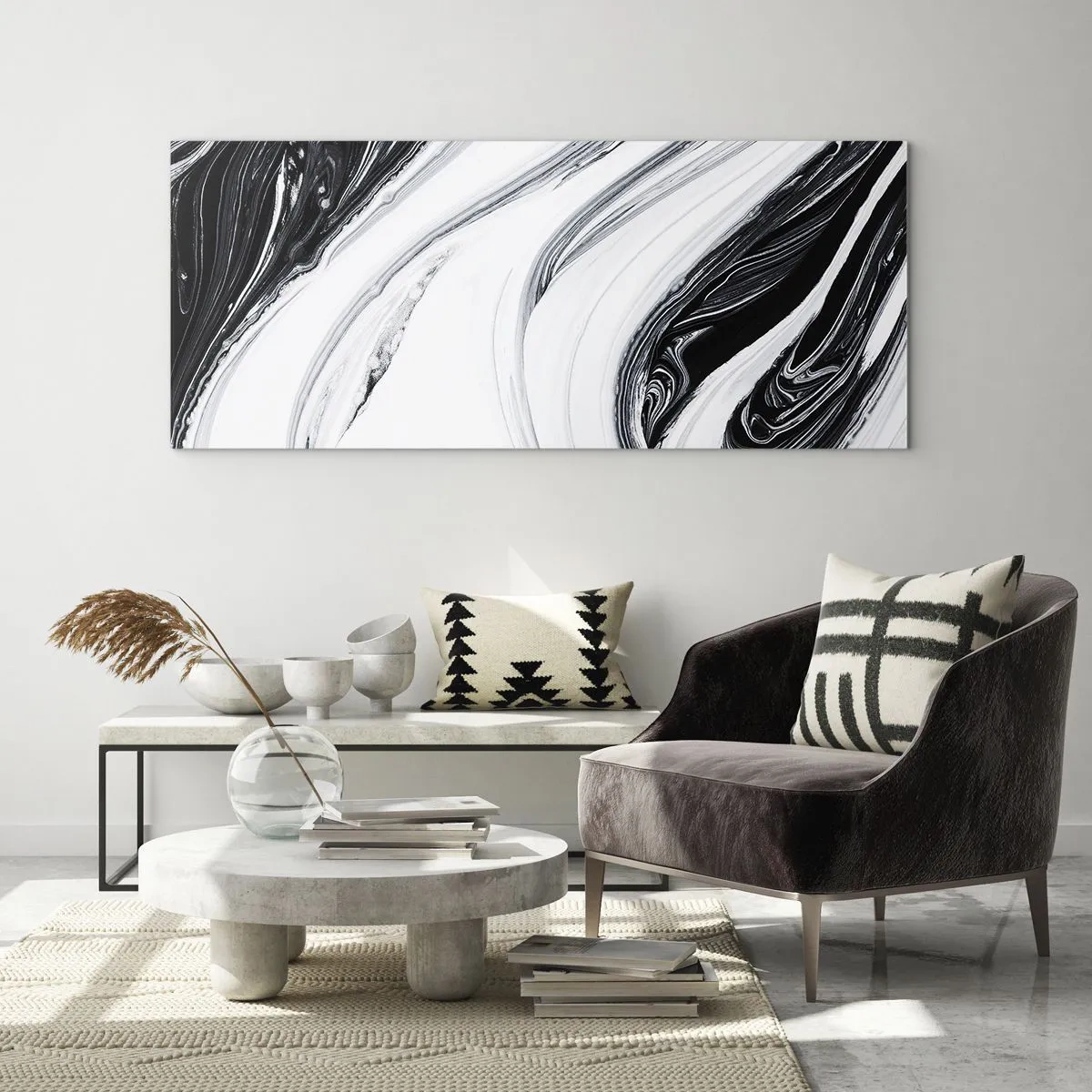 Cuadro sobre vidrio - Impresiones sobre Vidrio - Abstracción en blanco y negro con líneas dinámicas y remolinos. - 160x50cm - Combinando opuestos - Decoración de pared moderna para salón y dormitorio ARTTOR