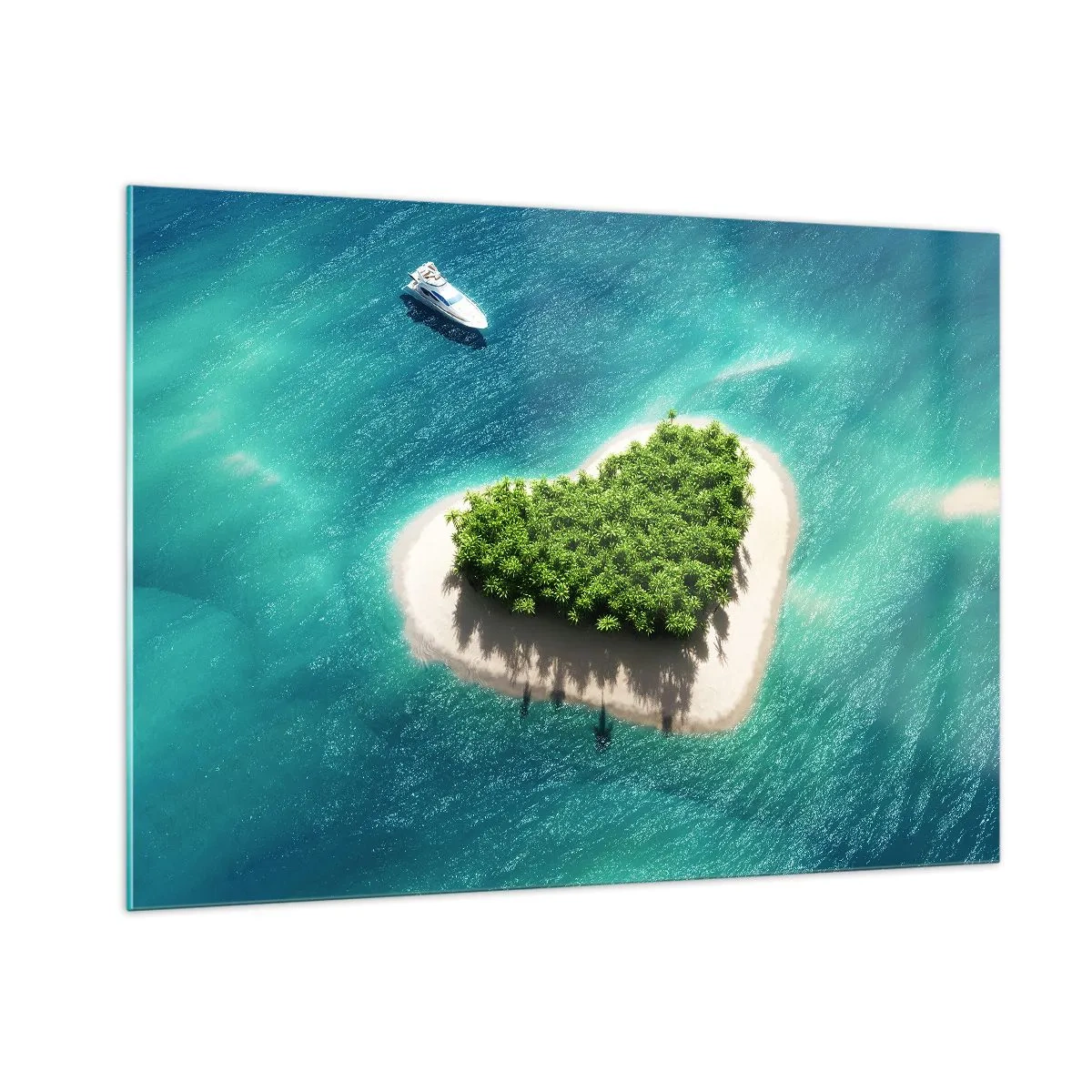 Cuadro sobre vidrio - Impresiones sobre Vidrio - Ilustración de una isla en forma de corazón con un barco contra un mar turquesa - 100x70cm - Me encanta el verano - Decoración de pared moderna para salón y dormitorio ARTTOR