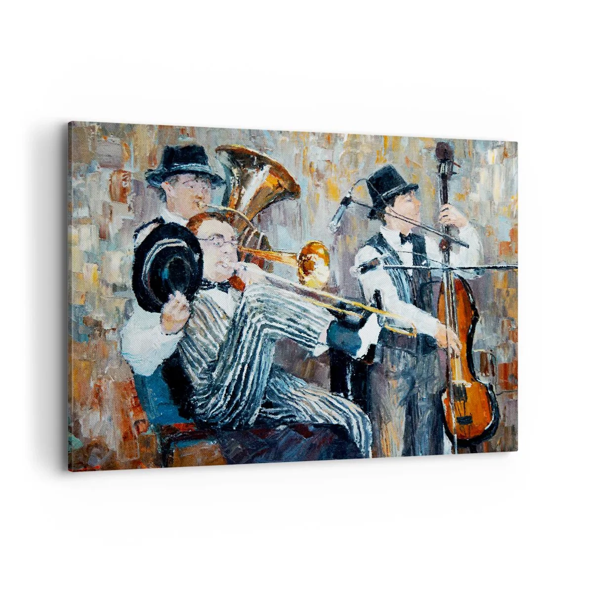 Cuadro sobre lienzo - Impresión de Imagen - Músicos de jazz en estilo pictórico durante un concierto. - 120x80cm - Todo ese jazz - Decoración de pared moderna para salón y dormitorio ARTTOR