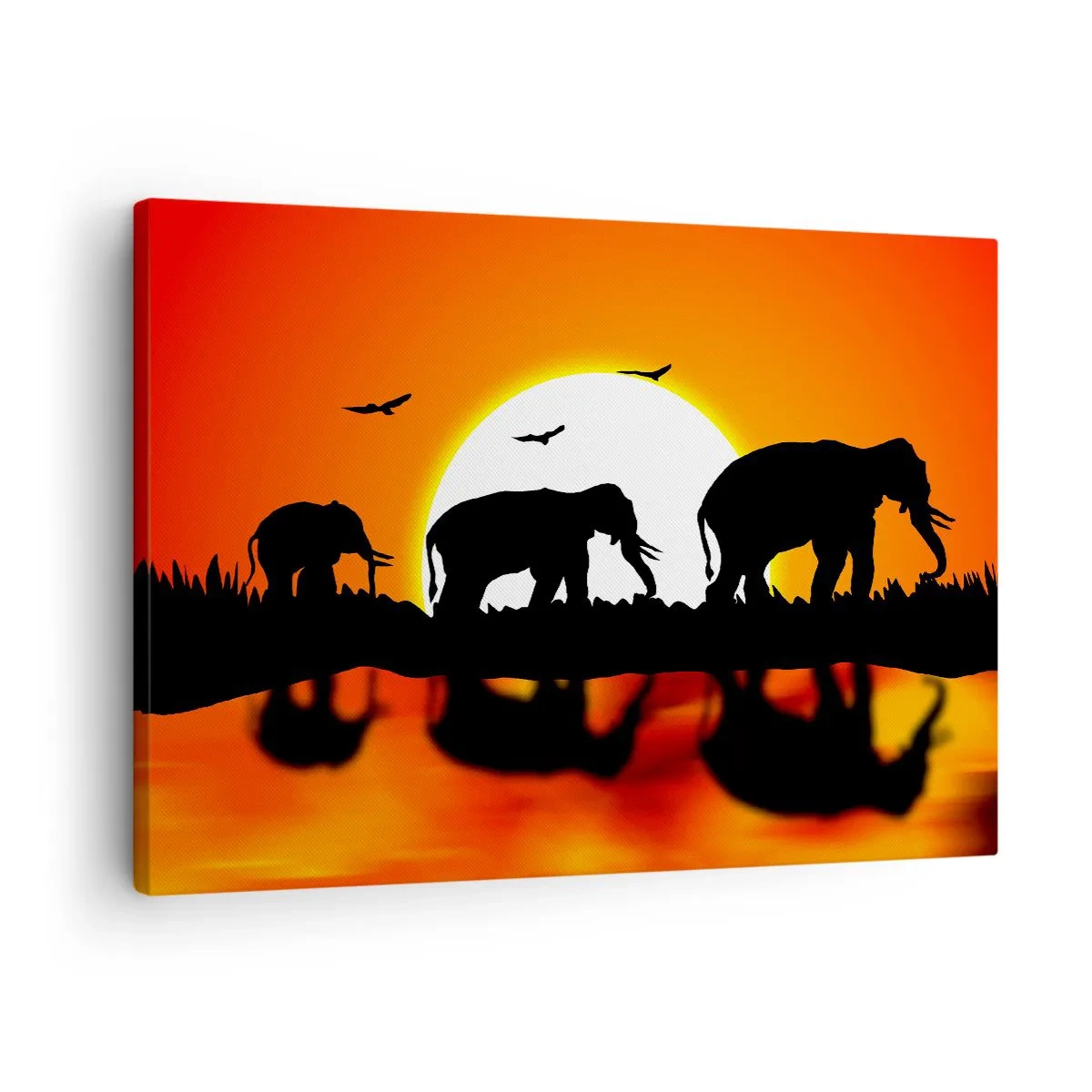 Cuadro sobre lienzo - Impresión de Imagen - Siluetas de elefantes al atardecer sobre el agua con reflejo - 70x50cm - La noche es para tomar una copita - Decoración de pared moderna para salón y dormitorio ARTTOR