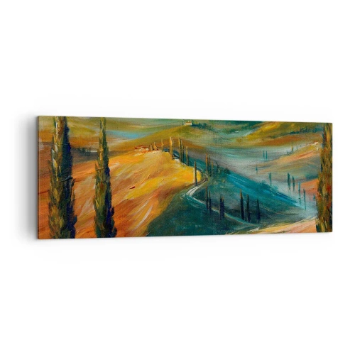 Cuadro sobre lienzo - Impresión de Imagen - Paisaje toscano con campos, camino y cipreses. - 140x50cm - Paisaje toscano - Decoración de pared moderna para salón y dormitorio ARTTOR