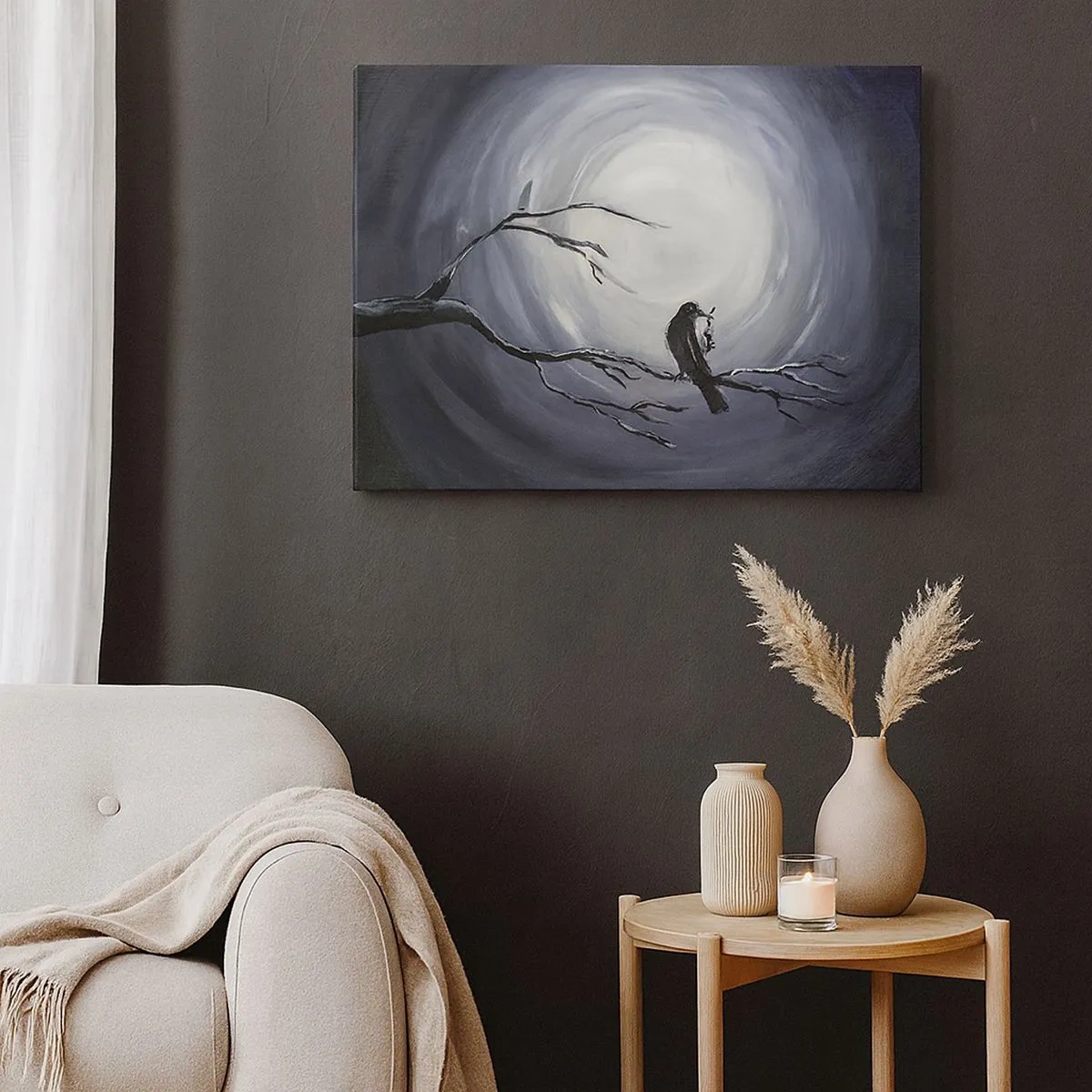 Cuadro sobre lienzo - Impresión de Imagen - Pájaro negro en una rama a la luz de la luna - 70x50cm - La clave del misterio de la noche - Decoración de pared moderna para salón y dormitorio ARTTOR