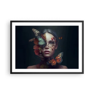 Póster en marco negro - Retrato de una mujer con mariposas y elementos vegetales. - 70x50cm - Una metamorfosis maravillosa - Decoración de pared moderna para salón y dormitorio ARTTOR
