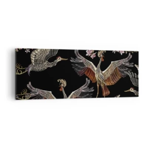 Cuadro sobre lienzo - Impresión de Imagen - Grullas y flores elegantes sobre un fondo negro. - 140x50cm - Aves de cuento de hadas - Decoración de pared moderna para salón y dormitorio ARTTOR