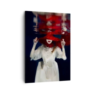 Cuadro sobre lienzo - Impresión de Imagen - Una mujer con un sombrero rojo sumergida en el agua. - 50x70cm - Blanco y rojo - Decoración de pared moderna para salón y dormitorio ARTTOR