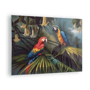Cuadro sobre vidrio - Impresiones sobre Vidrio - Dos loros coloridos sobre el fondo de una jungla tropical. - 70x50cm - Romanticismo en los trópicos - Decoración de pared moderna para salón y dormitorio ARTTOR