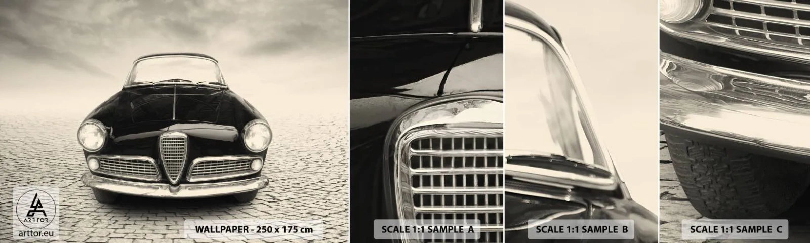 Muestra de fotomural autoadhesivo Deluxe Sticker - ¿Y cómo no quererme? - Auto, Vintage, En blanco y negro - 100x30 cm