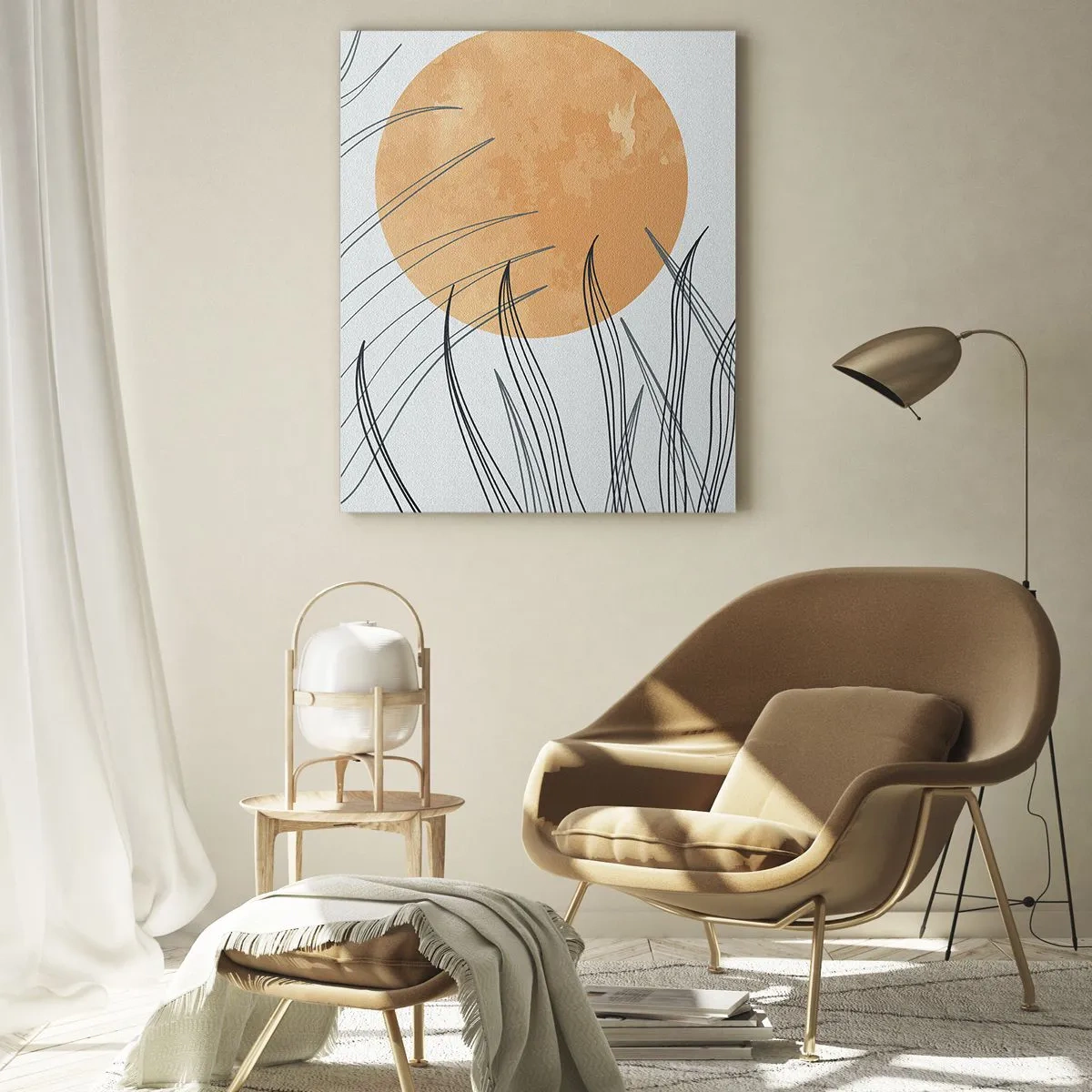 Cuadro sobre vidrio - Impresiones sobre Vidrio - Sol naranja con líneas dinámicas sobre un fondo claro. - 50x70cm - Siempre hacia el sol - Decoración de pared moderna para salón y dormitorio ARTTOR