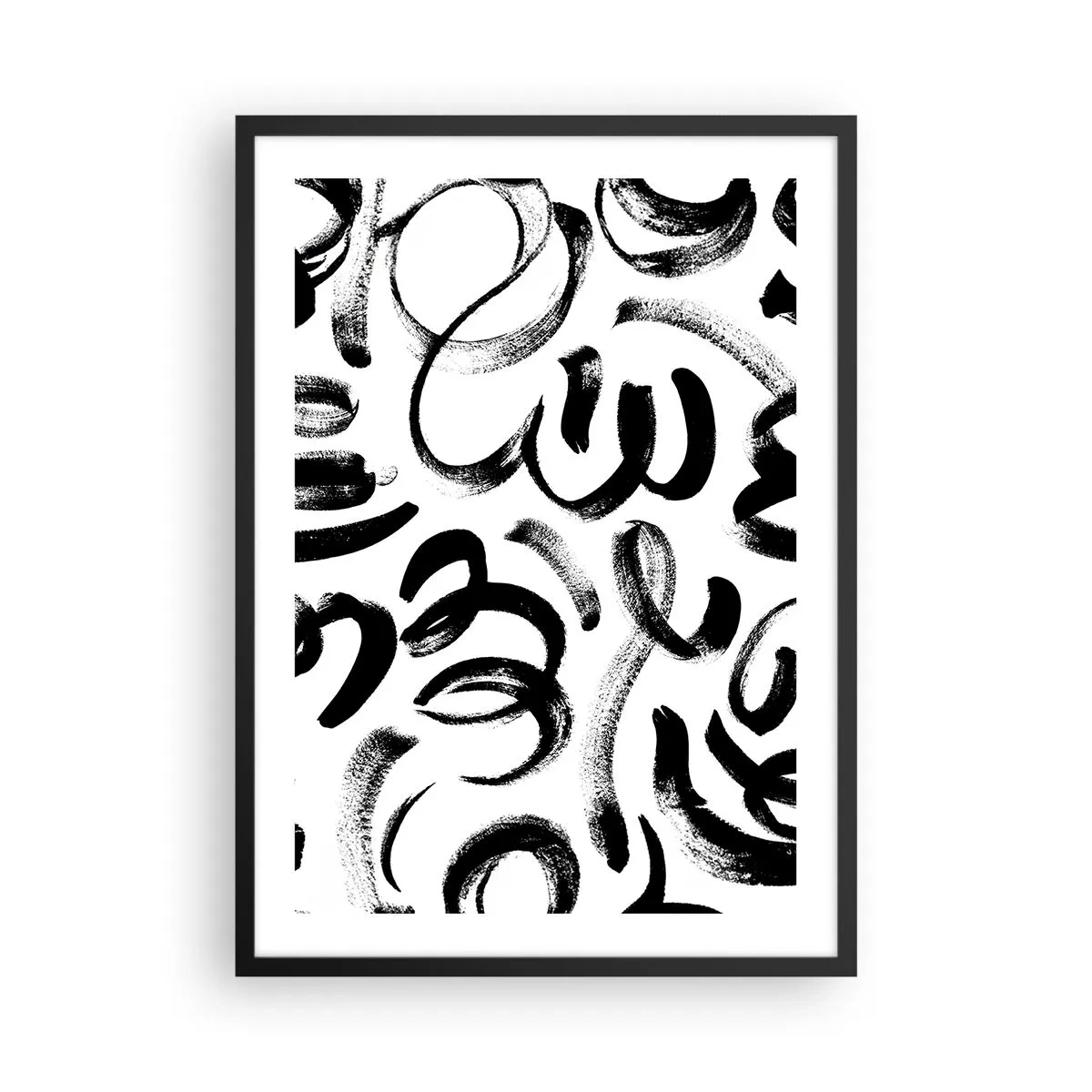 Póster en marco negro - Pinceladas negras abstractas sobre un fondo blanco - 50x70cm - Negro sobre blanco - Decoración de pared moderna para salón y dormitorio ARTTOR