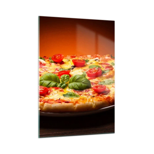 Cuadro sobre vidrio - Impresiones sobre Vidrio - Pizza con tomate, albahaca y queso fundido - 50x70cm - ¡Mamma mia! - Decoración de pared moderna para salón y dormitorio ARTTOR