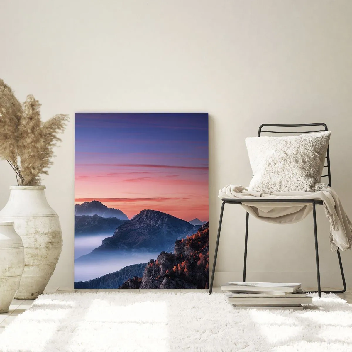 Cuadro sobre vidrio - Impresiones sobre Vidrio - Paisaje de montaña al amanecer con niebla en los valles. - 70x100cm - Sobre los valles - Decoración de pared moderna para salón y dormitorio ARTTOR