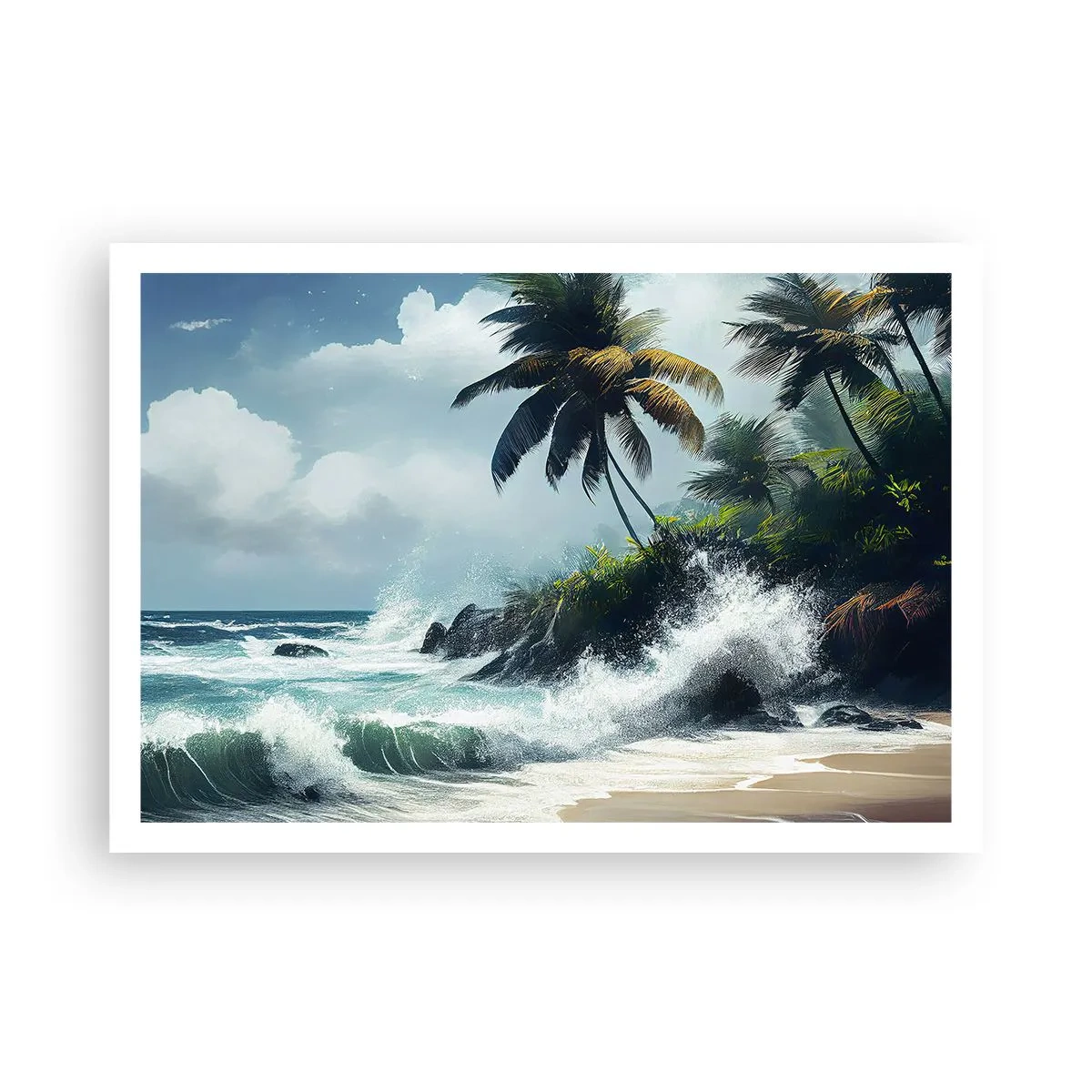 Póster - Costa tropical con palmeras y mar agitado. - 100x70cm - En una costa tropical - Decoración de pared moderna para salón y dormitorio ARTTOR
