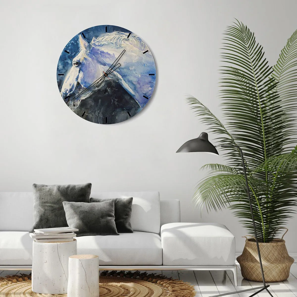 Reloj de pared - Reloj de vidrio - Retrato artístico de un caballo en tonos azules y blancos. - 30x30cm - Retrato en un resplandor azul - Decoración de pared moderna para salón, cocina y dormitorio ARTTOR