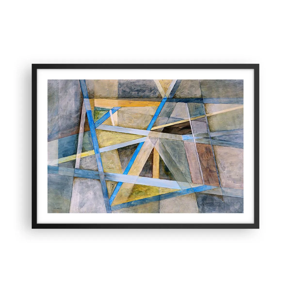 Póster en marco negro - Composición geométrica con líneas claras y azules. - 70x50cm - ¿Recto o inclinado? - Decoración de pared moderna para salón y dormitorio ARTTOR