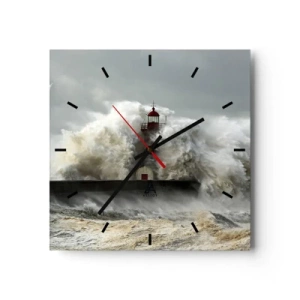 Reloj de pared - Reloj de vidrio - Un faro rodeado de fuertes olas durante una tormenta. - 30x30cm - La furia del océano - Decoración de pared moderna para salón y dormitorio ARTTOR
