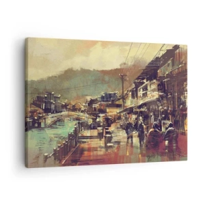 Cuadro sobre lienzo - Impresión de Imagen - Un pueblo con un puente y calles de estilo artístico. - 70x50cm - La vida como riqueza de grises - Decoración de pared moderna para salón y dormitorio ARTTOR