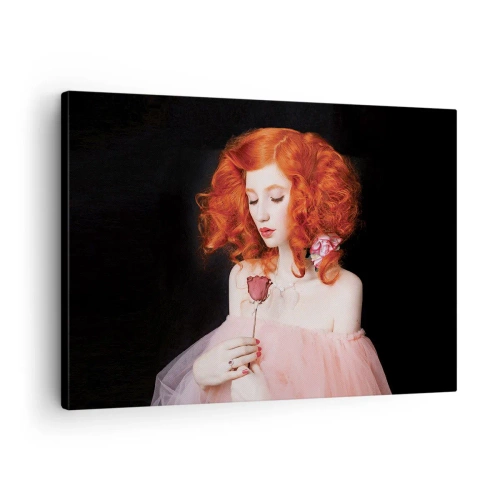 Cuadro sobre lienzo - Impresión de Imagen - Una mujer con cabello rojo sosteniendo una rosa. - 70x50cm - En estilo barroco - Decoración de pared moderna para salón y dormitorio ARTTOR