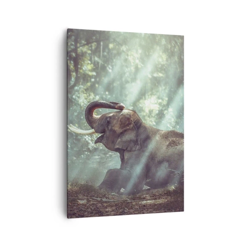 Cuadro sobre lienzo - Impresión de Imagen - Un niño y un elefante en un entorno forestal iluminado por la luz del sol. - 70x100cm - Y escucha esto... - Decoración de pared moderna para salón y dormitorio ARTTOR