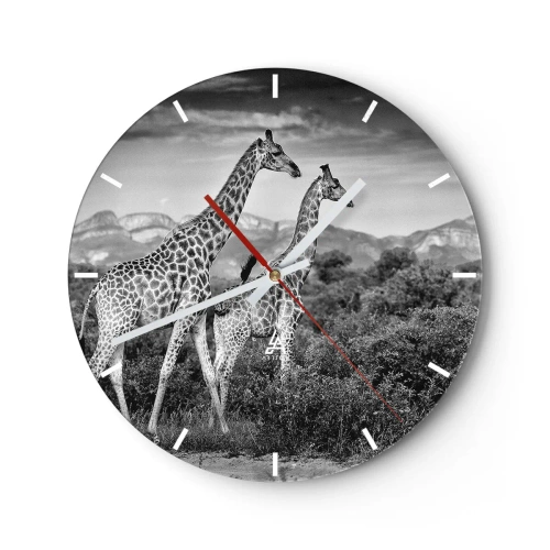 Reloj de pared - Reloj de vidrio - Una fotografía en blanco y negro de dos jirafas en la sabana. - 30x30cm - La clase alta de África - Decoración de pared moderna para salón, cocina y dormitorio ARTTOR