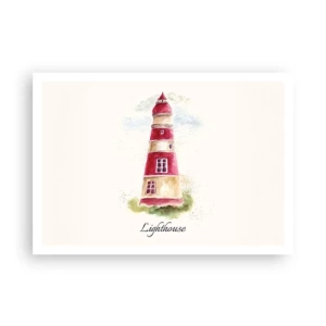 Póster - Una pintura de acuarela de un faro sobre un fondo claro con una inscripción. - 100x70cm - Siempre observando - Decoración de pared moderna para salón y dormitorio ARTTOR